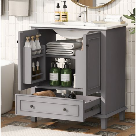 Mobile lavabo da terra in MDF e ceramica grigio 76x46x87 cm con 2 ante, 1 cassetto e ripiano regolabile (1/5)