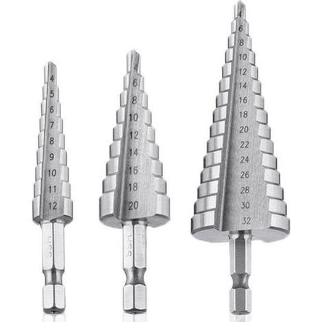 Foret Etagé, Foret Fraise Metal HSS 3PCS SKU00468 Meche Etage Perceuse Acier Fraise Forage Conique Triangle (1/4)