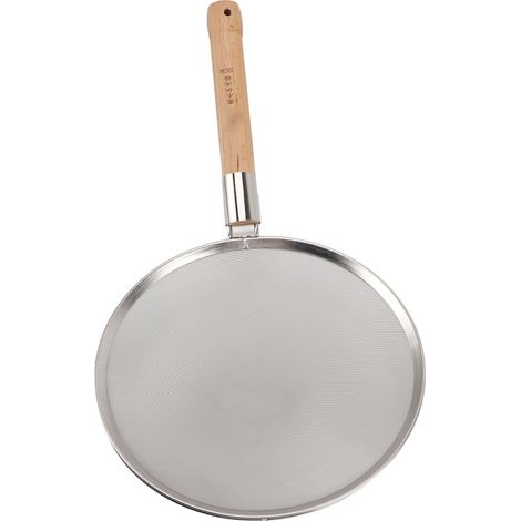 Écumoire à maille fine avec manche en bois en acier inoxydable 304 légère portable grande cuillère perforée pour cuisson et friture 30cm/11.8in diamètre (1/5)
