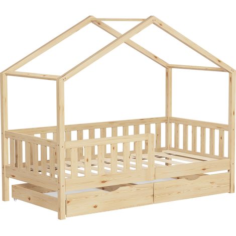 ML-Design Letto Casetta con Tetto per Bambini 80 x 160 cm in Legno di Pino Naturale, Rete a Doghe, Barriera Anticaduta e 2 Cassetti Contenitore, Lettino Montessori a Pavimento, Letto Singolo per Bimbi