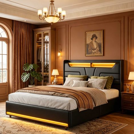 Lit adulte 140x190 cm – Lit double – Éclairage LED – Rangement tête de lit – Design moderne – Sommier à lattes – PU noir (1/5)