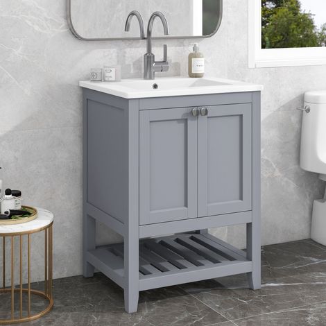 Meuble salle de bain sur pied 61 cm avec vasque céramique, gris et blanc, rangement fermé, étagère basse, bois massif et MDF (1/5)