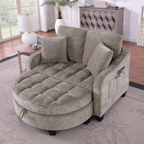 Canapé multifonctionnel, canapé-lit 2 en 1, pouf de rangement, tissu respirant et doux pour la peau, bois d'eucalyptus écologique, petit salon, bureau, chambre, marron