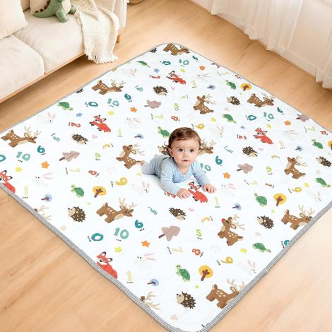 Tapis d'Éveil Bébé Pliable 150×150cm Épais Sûr Antidérapant Tapis de Jeux Enfant Motifs Numériques Animaux Développement Sensoriel Pliable Léger Lavable en Machine pour Usage Intérieur (1/5)