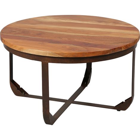 THARA - Table Basse Ronde Plateau en Bois de Recyclé et Pied en Acier (1/3)