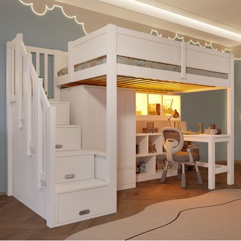 Cama alta 90x200 cm blanca de MDF y madera de pino con escritorio, armario, escalera con almacenaje e iluminación LED (1/5)