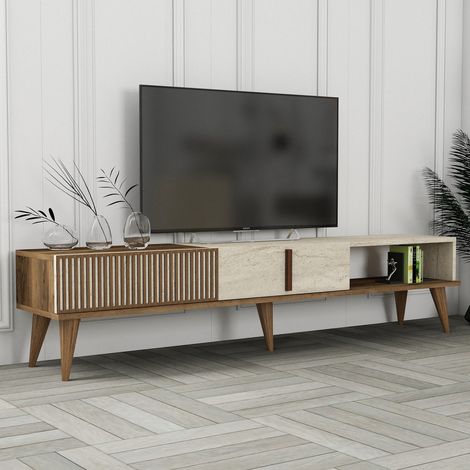 Mueble TV Sicoli, 2 Puertas, Apertura Abatible, 3 Compartimentos, 180x35x40h cm Beige Mármol (1/5)