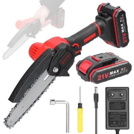 6-inch cordless mini electric chainsaw with two 21V 1200mAh batteries, one-handed operation, for wood cutting, pruning, yard and garden use, red (1/5)
