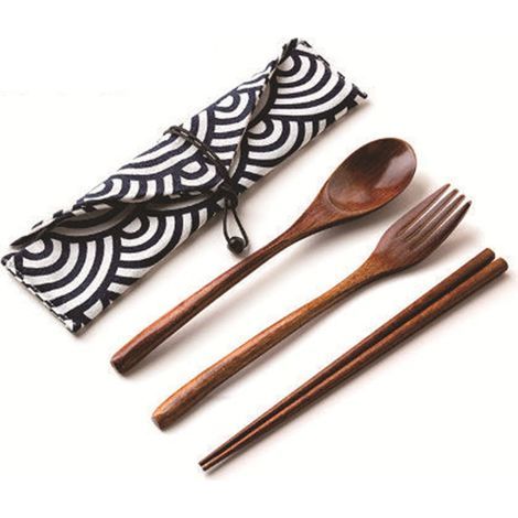 Ensemble de couverts de voyage en bois 3 pièces, baguettes fourchette et cuillère (1/5)