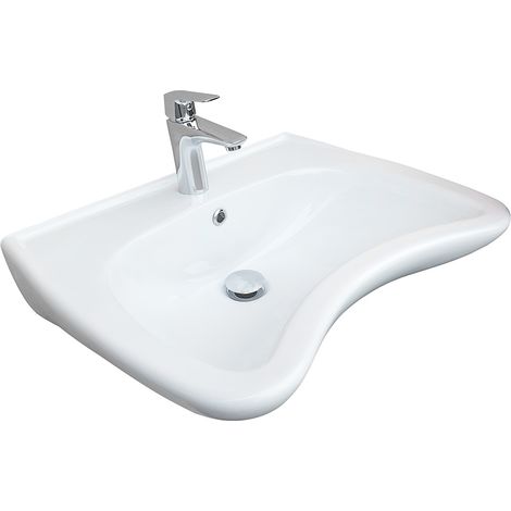 Belvit Behindertengerechtes Design Waschbecken 60 cm Weiß Keramik mit Hahnloch & Überlauf – Wandmontage Bad & WC (1/5)