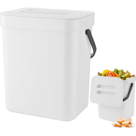 Poubelle Compost Cuisine 3L, Petit Seau à Compost de Cuisine, Poubelles à Suspendre, Poubelles à Compost pour Plan de Travail, Récipient avec Couvercle, Composteur Intérieur, Blanc (1/5)