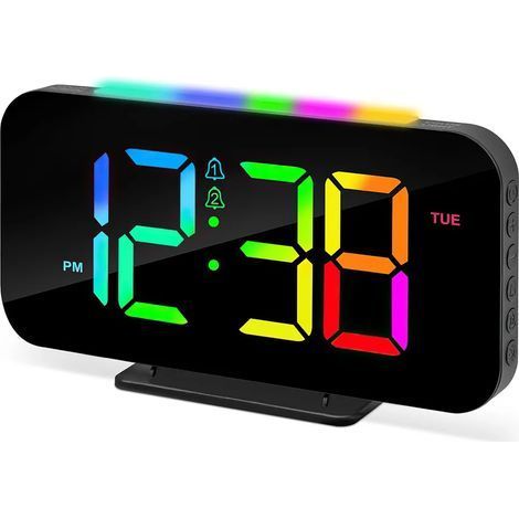 Digital alarm clock, multi-functional alarm clock with volume control, USB charging, LED night light, snooze function and large display screen, black. (1/4)