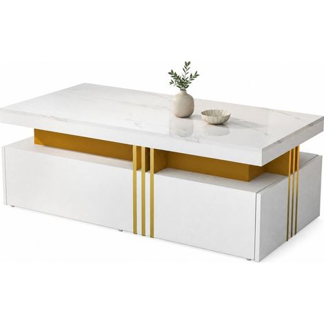 Mesa de centro rectangular con 2 cajones, tablero alto brillo efecto mármol, 100x50x40 cm (1/5)