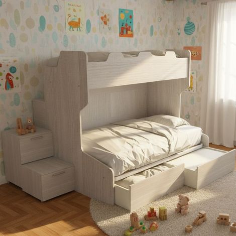 Letto a castello con gradini a cassetti e passerella - Una piazza e mezza e singola - Rovere rock