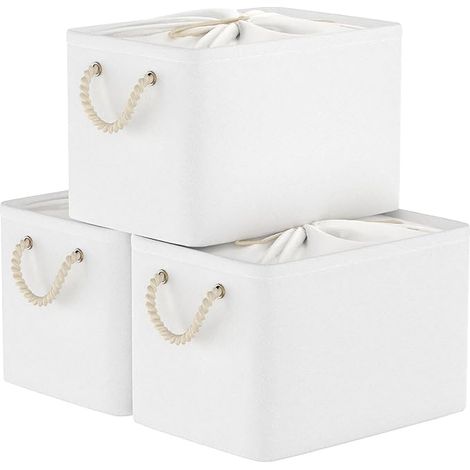 Paniers de Rangement Pliables, Tissu, Boîtes pour étagères, avec Cordon de Serrage et 2 Poignées, pour Vêtements, Blanc, 38x28x26cm, SNK003WL (1/5)