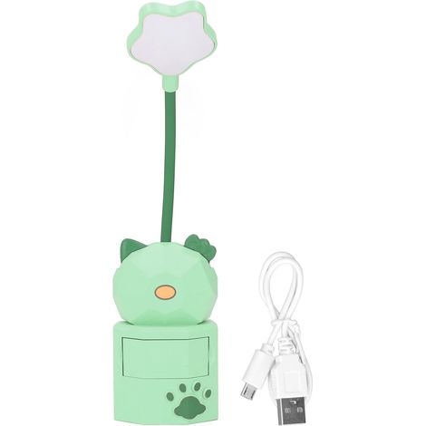 Lampe de bureau LED avec boîte de rangement, verte, chargement USB, lumière chaude, protection des yeux, design mignon. (1/5)