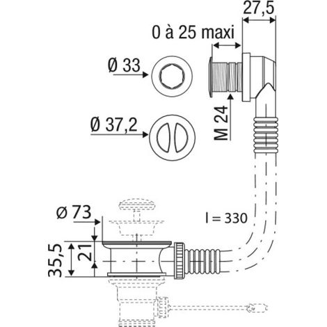 Valentin – Té de trop plein avec enjoliveur diamètre 25/30 mm – S'adapte à l'épaisseur de lavabo – Flexible annelé 330 mm – Serrage mini 0 mm, maxi 25 mm (1/5)
