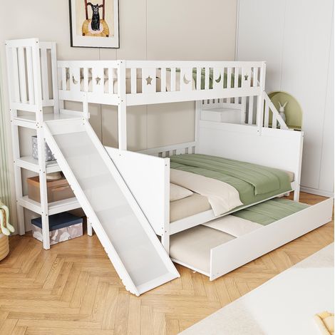 DESVIAE Lit superposé enfant avec toboggan rangement étagères lit gigogne et sommier 90 x 200 140 x 200 blanc bois massif (1/4)