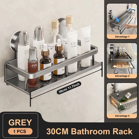 (30 cm, gris) Étagère de salle de bain à ventouses, en aluminium, sans perçage, à suspendre au mur. (1/5)