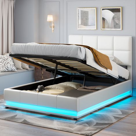 Stauraumbett 140 × 190 cm, hydraulisches Jugendbett mit gepolstertem Kopfteil, LED-Lichtleiste mit 16 Farben, Lattenrost, PU, Weiß (1/5)