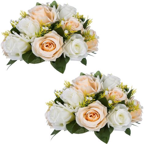 Lot de 2 bouquets de fleurs artificielles avec 15 têtes de roses, décoration florale rose champagne blanc (1/5)