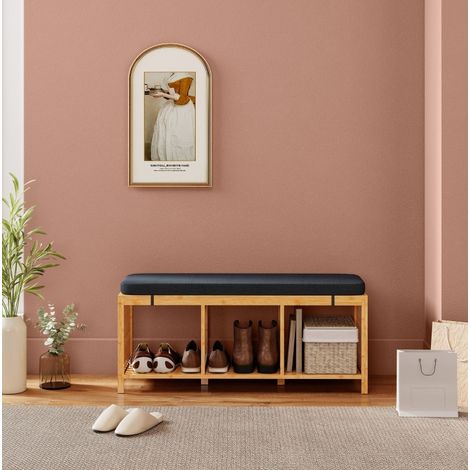 Panca portascarpe in bambù con cuscino imbottito e ripiano aperto, finitura effetto legno naturale (1/5)