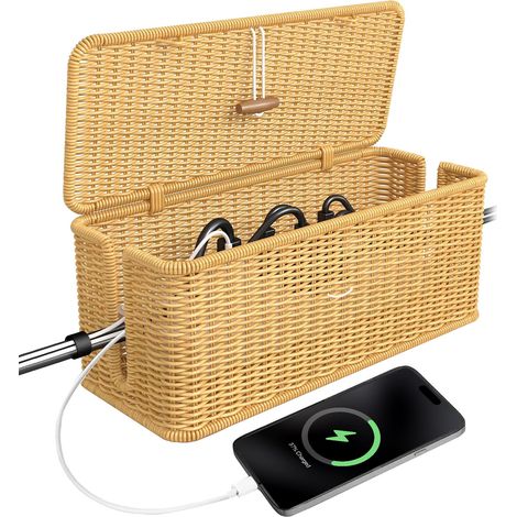 Boîte de rangement pour multiprises de bureau, panier de rangement tressé en imitation rotin pour câbles de données et cordons