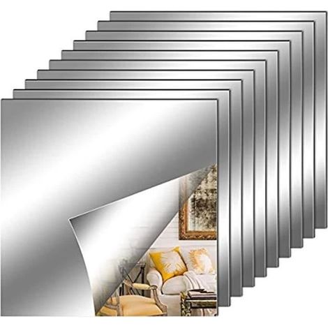 10 Pièces Miroir Muraux Autocollant 30 x 30 cm, Miroir Carrés Adhésif Décoratif Argenté Amovible Autocollant Mural Décorative Auto A (1/4)
