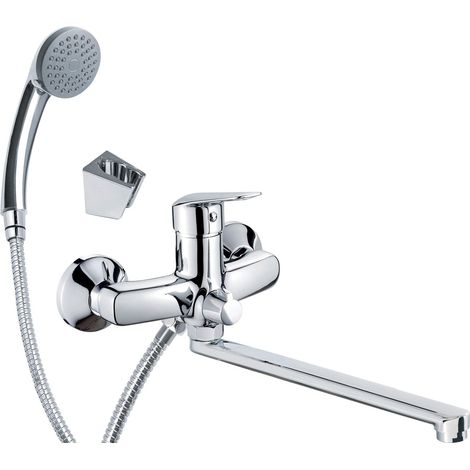 Miscelatore lavabo montaggio a parete con bocca allungata e set doccia finitura cromo - Karto