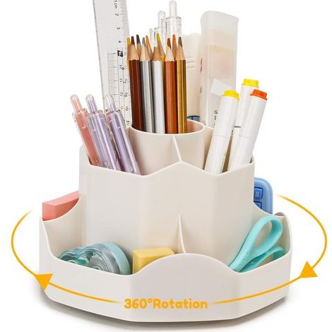 Organiseur de bureau rotatif 360° avec 9 compartiments pour crayons et stylos - Beige (1/5)