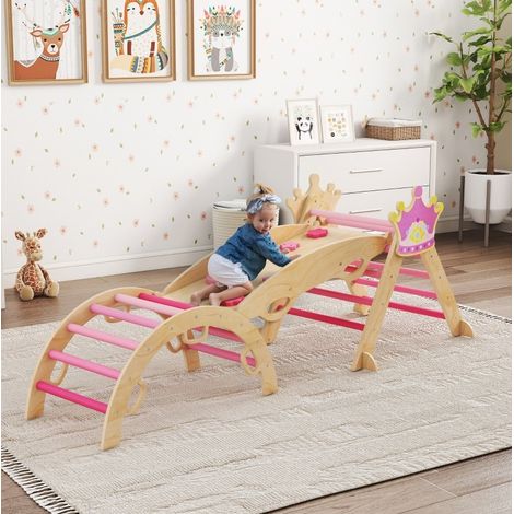 Jeu d’escalade enfant 92x76,5x38 cm en bois rose, 8-en-1 gain de place pour chambre FloraGrace (1/5)