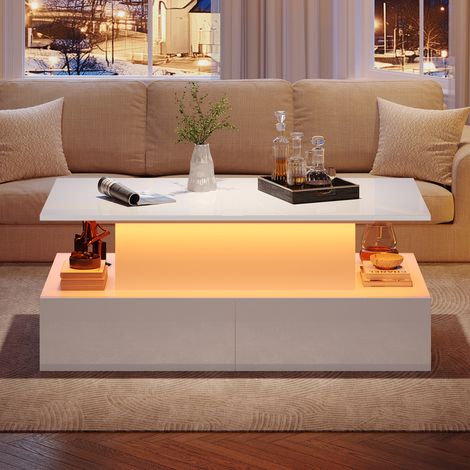 Table salon LED rangement 90 55 41 compact bois blanc OKMYHOME (1/5)
