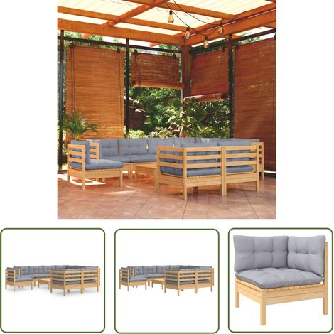 The Living Store 10-tlg. Garten-Lounge-Set mit Grauen Kissen Kiefer Massivholz - Gartensessel - Lounge Set - Gartenmöbeln - Outdoor Möbel - Rattan Sessel (1/5)