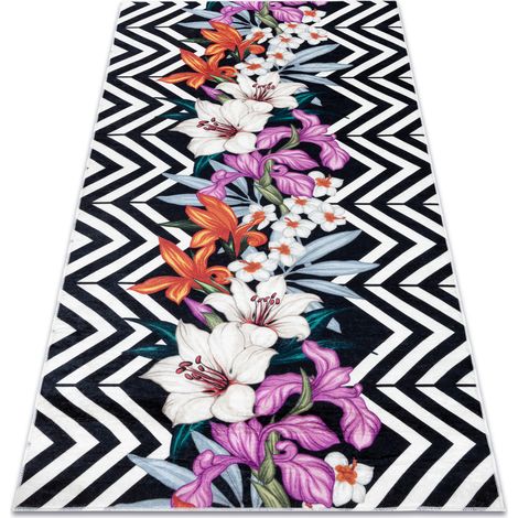 ANDRE 2300 washing carpet flowers, zigzag vintage anti-slip - black / white multicolour 120x170 cm