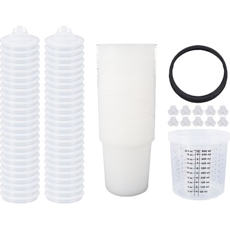 Doublures et couvercles de gobelets de peinture jetables, 50 pièces, filtre 190 Microns, capacité 20.3oz 600ml, 1 dur avec anneau de retenue, 10 bouchons. (1/5)