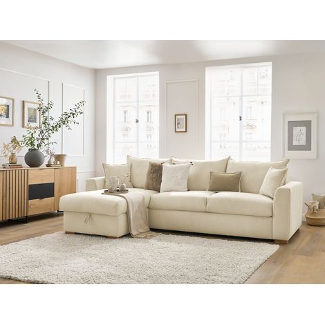 BOBOCHIC - Canapé d'angle réversible convertible ouverture express AUGUSTIN velours côtelé  140x200 Beige (1/5)