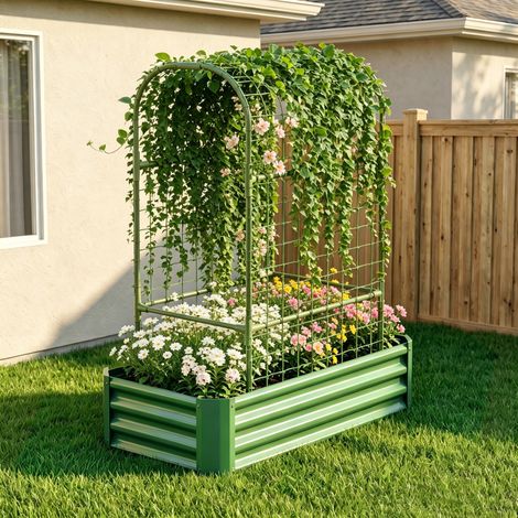 Letto rialzato da giardino 120x60x150 cm, per ortaggi, erbe e fiori, metallo, verde (1/5)