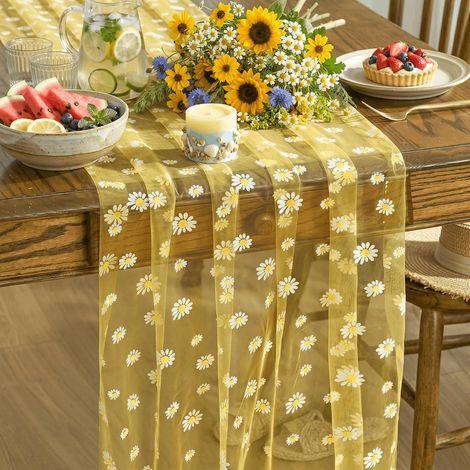 Chemin de table de printemps - Motif pâquerettes jaunes - Tulle - 70 x 300 cm - Décoration de table de cuisine d'été en intérieur, décor de fête/vacances (1/5)