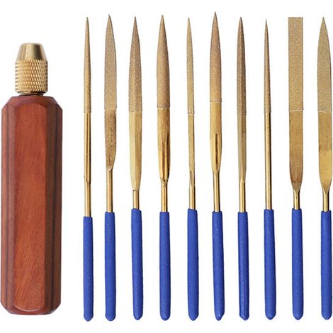 Juego de 11 limas pequeñas de aleación para joyeros, herramientas para tallar madera, metal y plástico, mango hexagonal de palisandro, chapadas en oro titanio. (1/5)