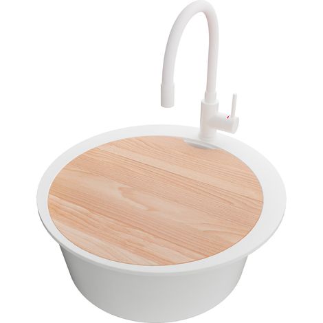 PRIMAGRAN Evier cuisine Granit Rond 53x53cm, Evier 1 bac + Robinet 38x14cm + Kit de Vidage + Accessoire, Lavabo Cuisine au meuble 50cm - Pise Max, Tout Blanc (1/5)