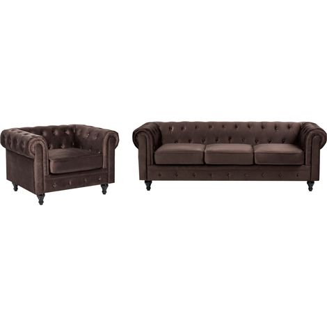 Sofa Set 4-Sitzer CHESTERFIELD Samtstoff Dunkelbraun