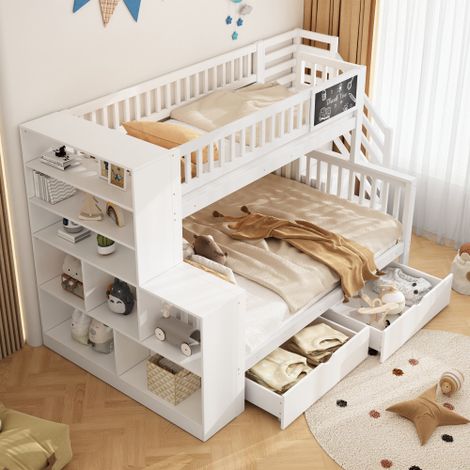 Lit superposé - lit 90x200 cm - lit enfant avec tableau de graffitis, tiroirs, escalier et placards de rangement - en bois - blanc - sans matelas (1/5)