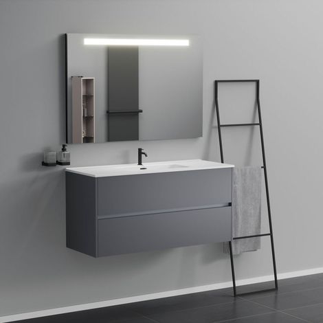 Inda - Badezimmerschrank 2 Schubladen L.120 mit beleuchtetem Spiegelwaschbecken – Mattiertes Titan