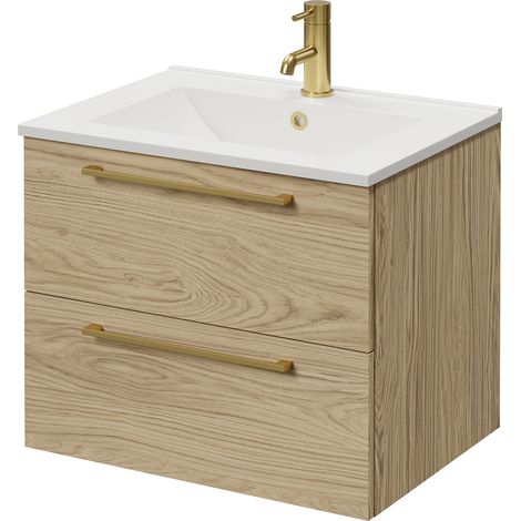 Napoli 460 Light Oak 600mm Wall Mounted 2 Drawer Vanity Unit with Angel Basin - 600mm - Brushed Brass 320mm Handle