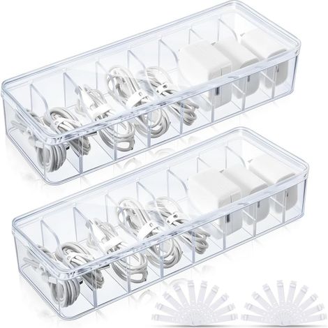 Set of 2 cable storage boxes with wire ties, transparent storage box without lid, organizer for home and office (1/5)