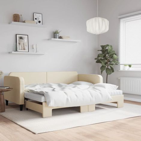 Tagesbett Ausziehbar mit Matratzen Creme 90x200 cm Stoff