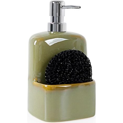 Distributeur de Savon Vert en céramique avec Porte-éponge pour la Cuisine - Grand Distributeur de Savon Liquide Rechargeable pour la Salle de Bain et la Cuisine - 600 ML (1/5)