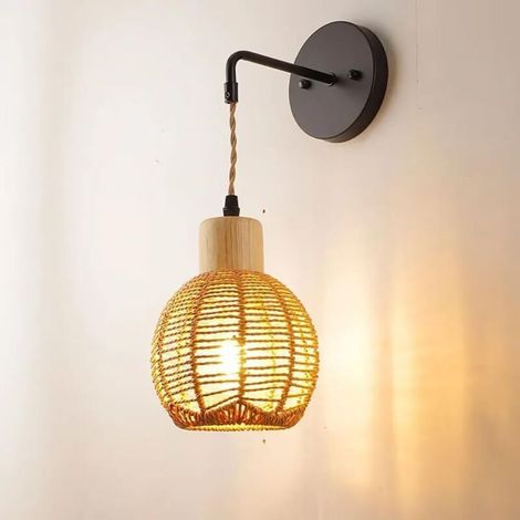 Applique Murale Vintage Rotin Boho – Luminaire Intérieur avec Abat-jour en Corde de Chanvre Tissé Main, Décoration Élégante (Sans Ampoule) (1/5)