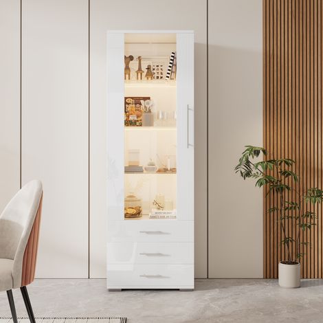 Vetrina in MDF bianco lucido con LED, 1 anta e 3 cassetti, 60 x 35 x 180 cm