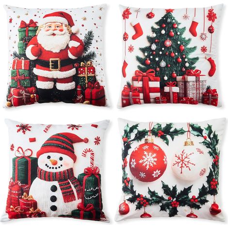 Lot de 4 housses coussin de Noël, 45x45 cm, taies décoratives douces avec motifs hiver pour canapé et salon (1/5)